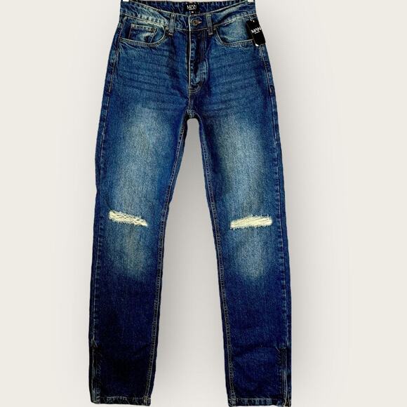 boohooMAN Relaxed Rigid Button Fly Rip Knee Blue Jeans Zip Hem Size 30X37 Tall - Picture 1 of 14